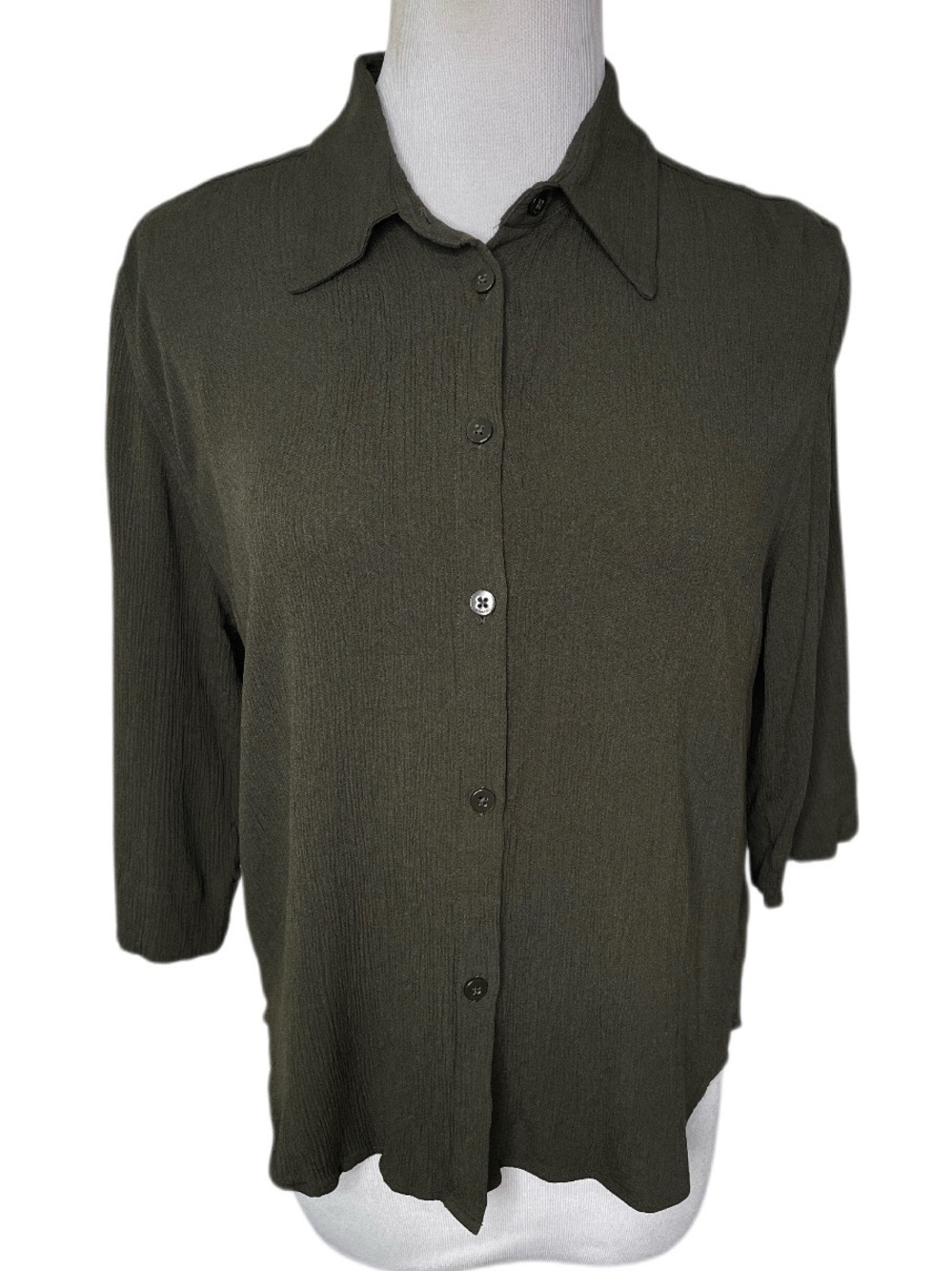BABATON Dark Military Green 3/4 Sleeve Crepe Viscose Button Down Shirt